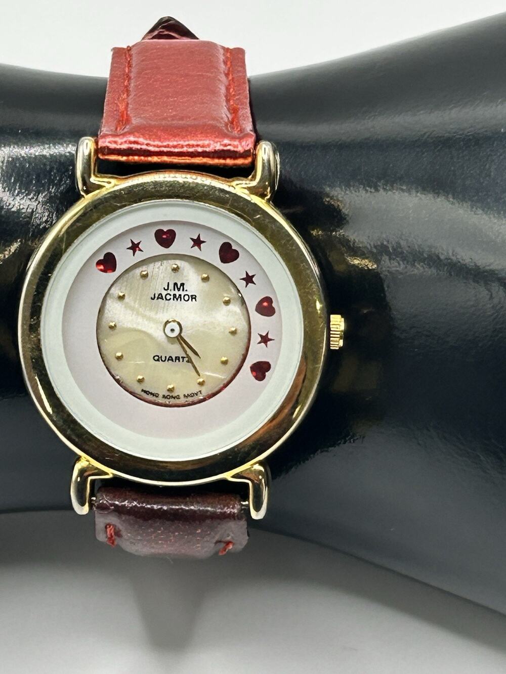 Vintage J.M. Jacmor Women’s Valentines Gold Tone Hearts Watch Red Leather Strap